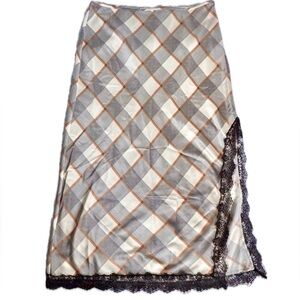 Forever 21 Plus Women's Silk Maxi Skirt Plaid Black Lace Side Slit Fall Winter